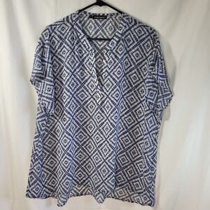 Maurices Womens Plus Size 1 Blue White Geometric Ikat Split Neck Blouse Top